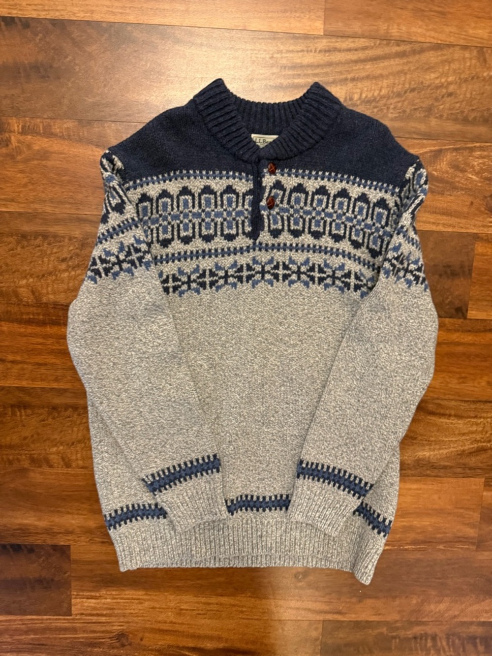 L.L. Bean Lambswool Sweater Fair Isle Nordic Grey / Blue Mens XL Tall